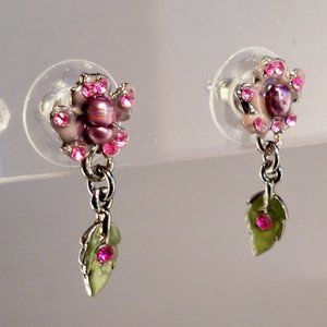 New Felicia Dark Pink Rhinestones Flowers Earrings